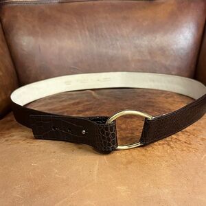 Talbots Dark Brown Reptile Stamped Leather Belt with Gold Ring Buckle